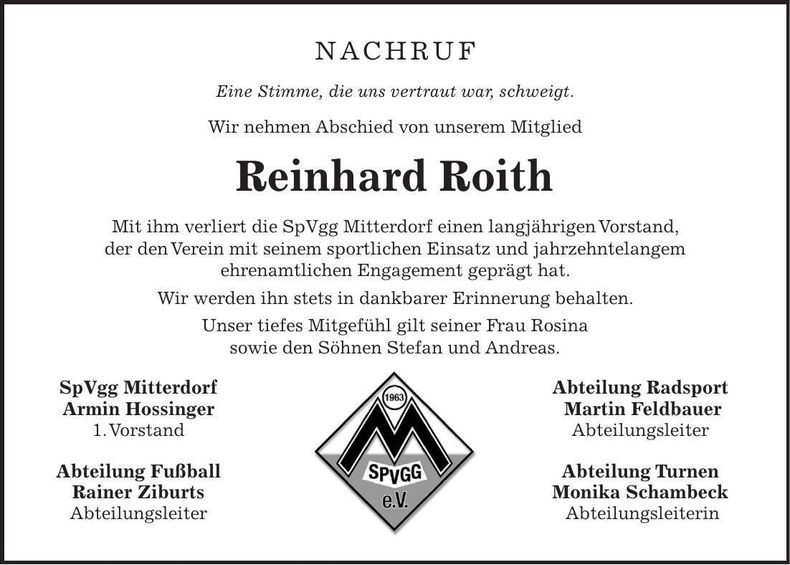 Traueranzeige Reinhard Roith