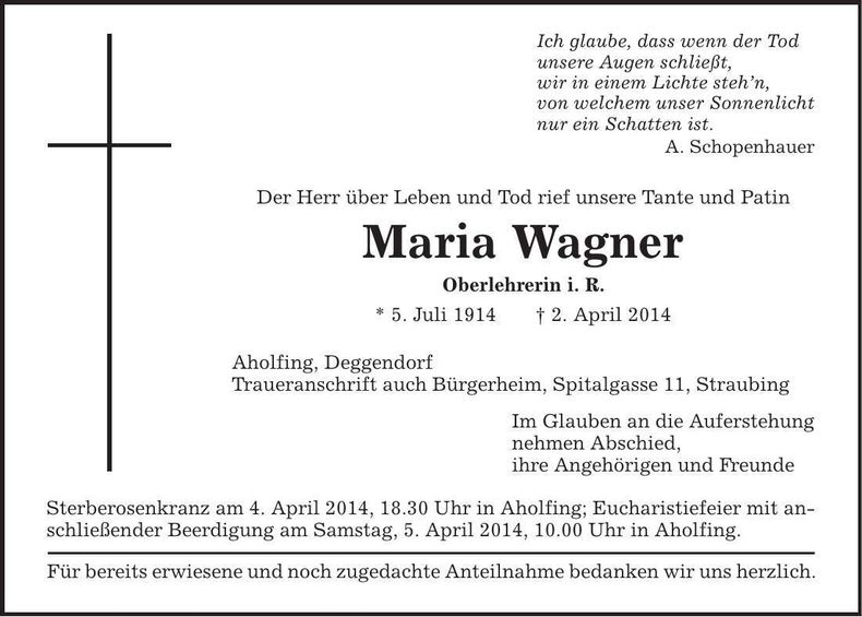 Traueranzeige Maria Wagner