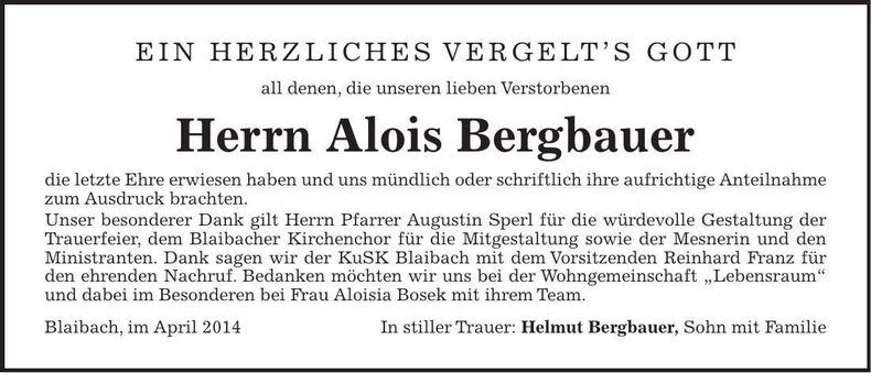 Traueranzeige Alois Bergbauer