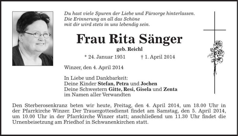 Traueranzeige Rita Sänger