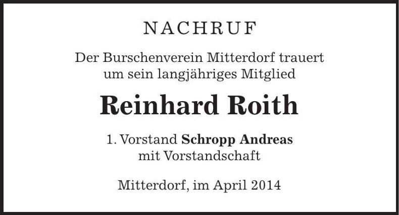 Traueranzeige Reinhard Roith