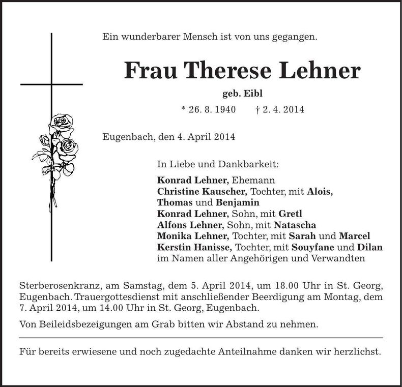 Traueranzeige Therese Lehner