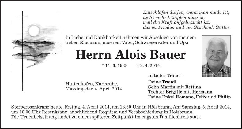 Traueranzeige Alois Bauer