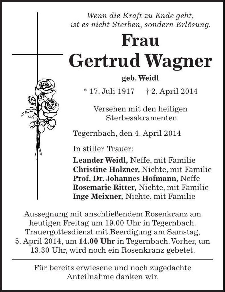 Traueranzeige Gertrud Wagner