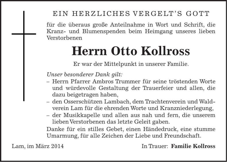 Traueranzeige Otto Kollross
