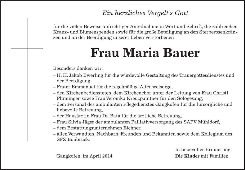 Traueranzeige Maria Bauer