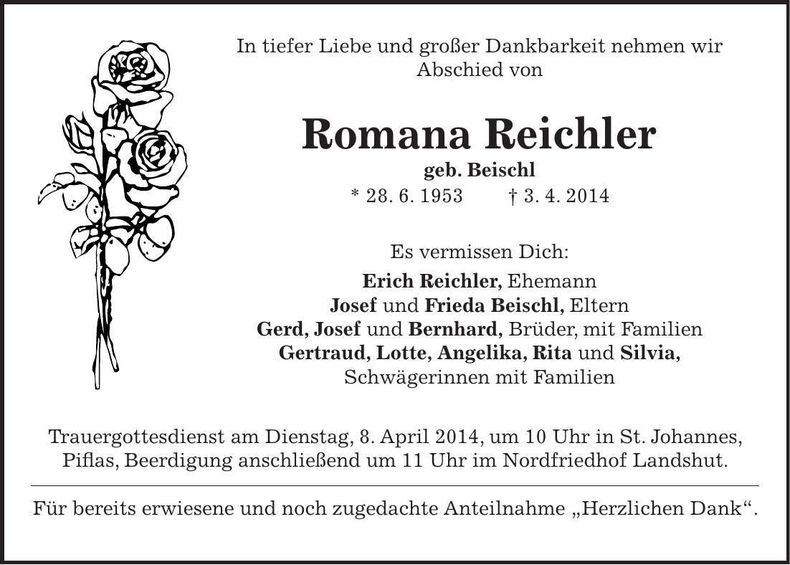 Traueranzeige Romana Reichler