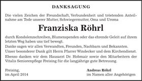 Traueranzeige Franziska Röhrl