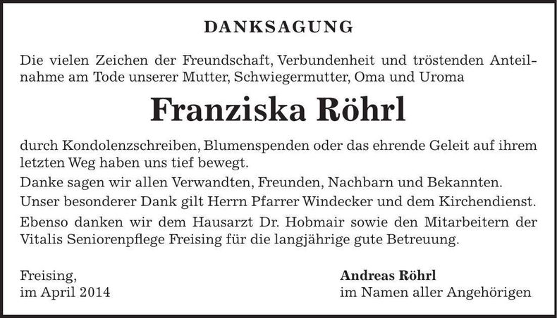 Traueranzeige Franziska Röhrl