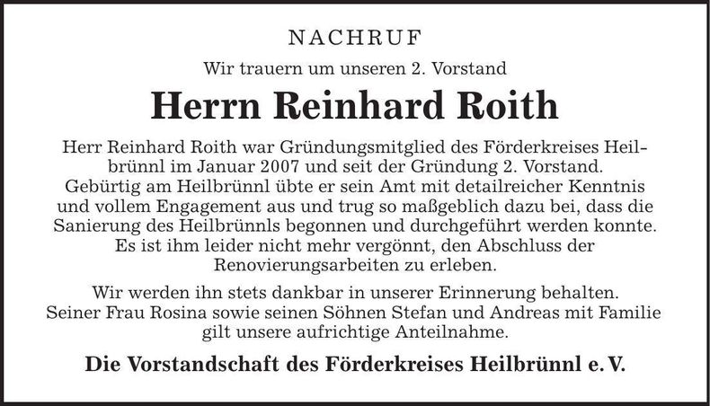 Traueranzeige Reinhard Roith