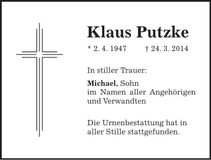 Traueranzeige Klaus Putzke