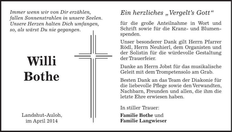 Traueranzeige Willi Bothe