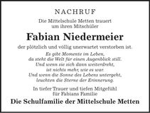 Traueranzeige Fabian Niedermeier
