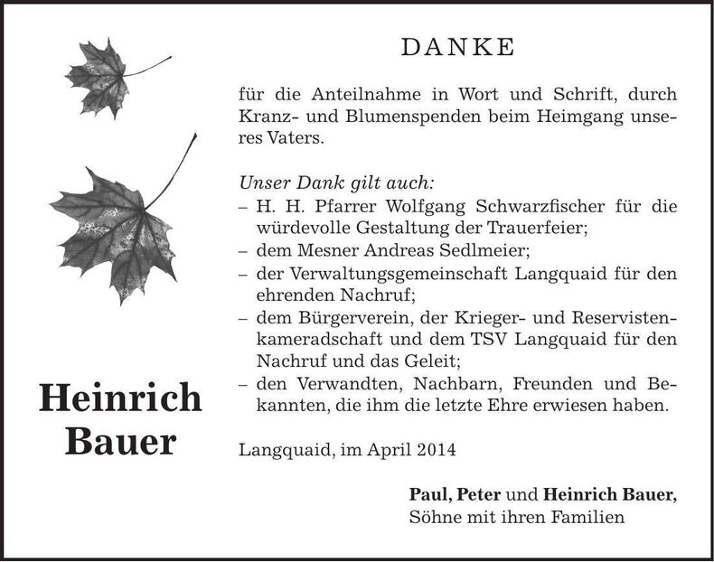 Traueranzeige Heinrich Bauer