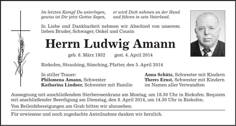 Traueranzeige Ludwig Amann