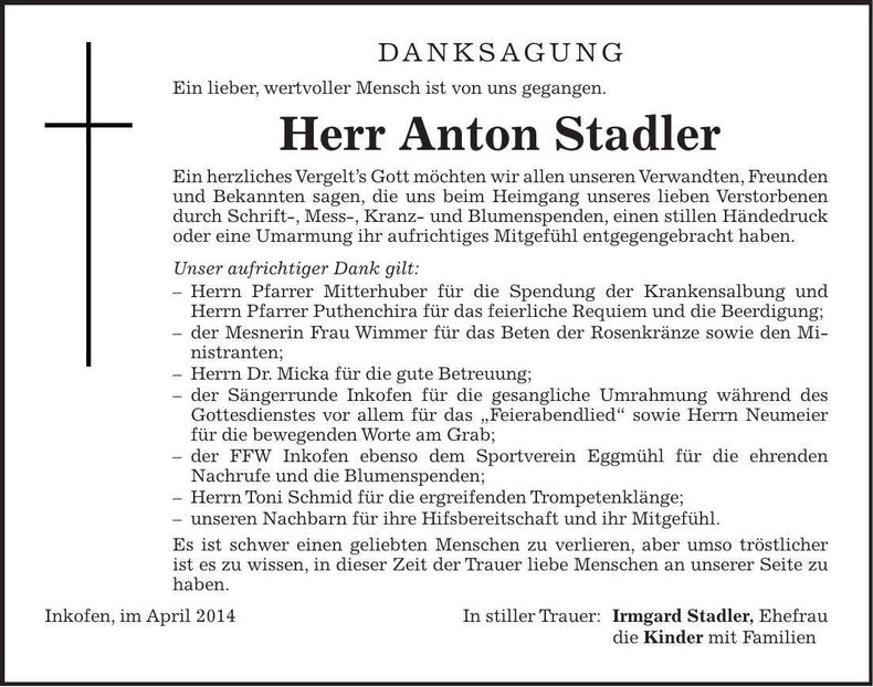 Traueranzeige Anton Stadler
