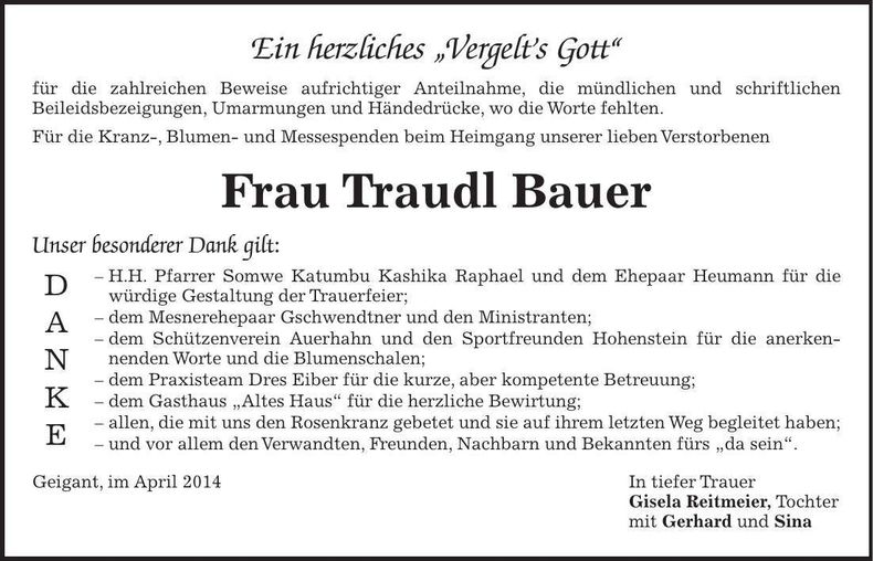 Traueranzeige Traudl Bauer
