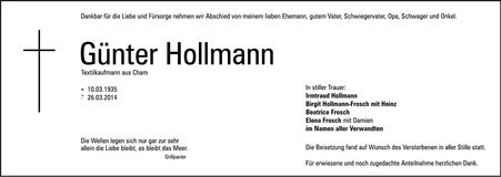 Traueranzeige Günter Hollmann