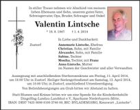 Traueranzeige Valentin Lintsche