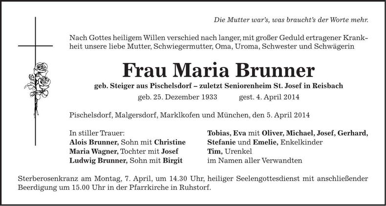 Traueranzeige Maria Brunner