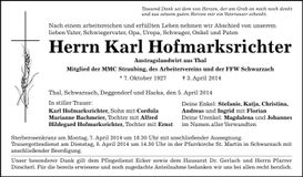 Traueranzeige Karl Hofmarksrichter