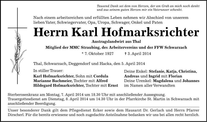 Traueranzeige Karl Hofmarksrichter
