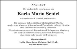 Traueranzeige Karla-Maria Seidel