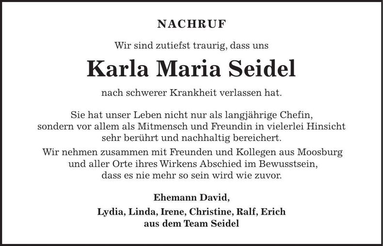 Traueranzeige Karla-Maria Seidel