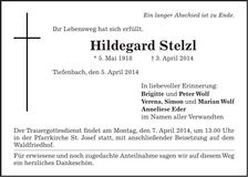 Traueranzeige Hildegard Stelzl
