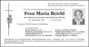 Traueranzeige Maria Reichl