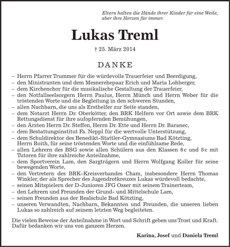 Traueranzeige Lukas Treml