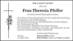 Traueranzeige Theresia Pfeffer