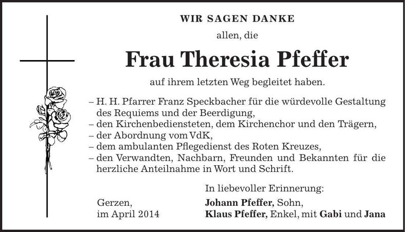 Traueranzeige Theresia Pfeffer