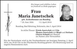 Traueranzeige Maria Janetschek