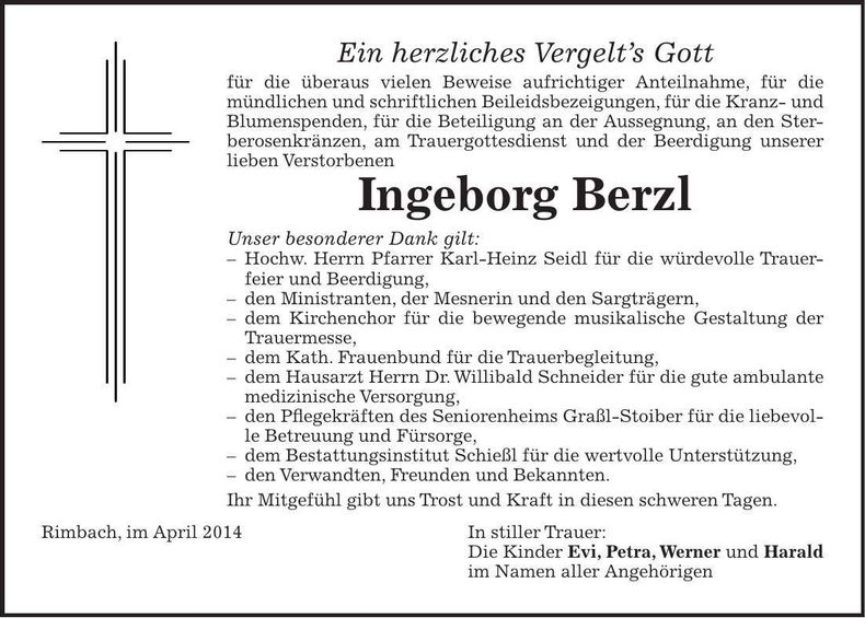 Traueranzeige Ingeborg Berzl