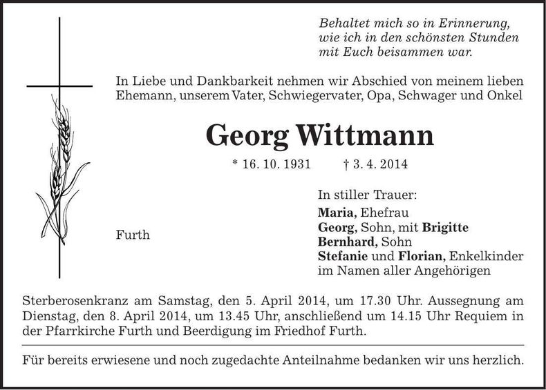 Traueranzeige Georg Wittmann