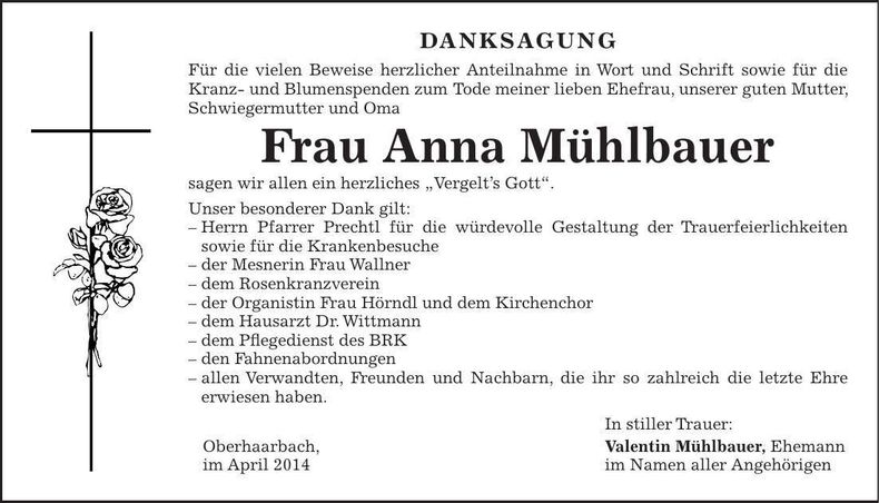 Traueranzeige Anna Mühlbauer