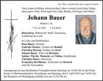 Traueranzeige Johann Bauer