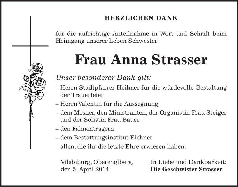 Traueranzeige Anna Strasser