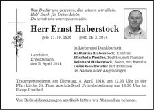Traueranzeige Ernst Haberstock
