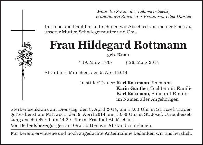 Traueranzeige Hildegard Rottmann