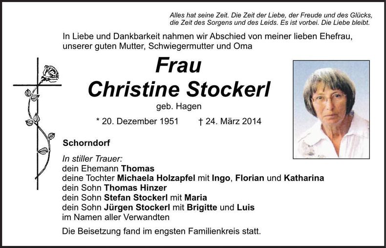 Traueranzeige Christine Stockerl