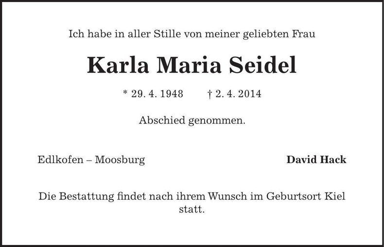 Traueranzeige Karla Maria Seidel
