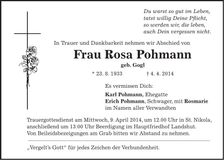 Traueranzeige Rosa Pohmann