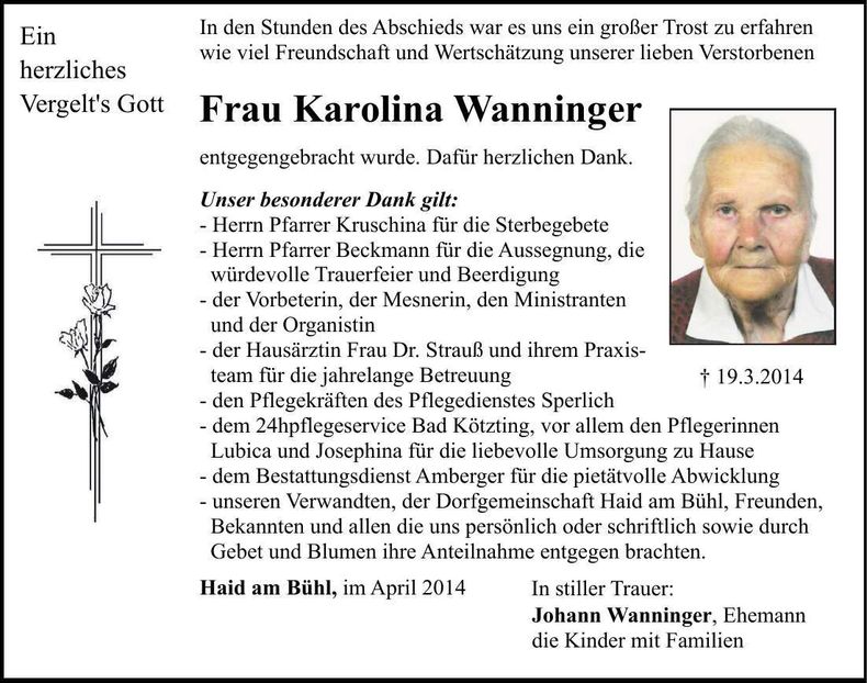 Traueranzeige Karolina Wanninger