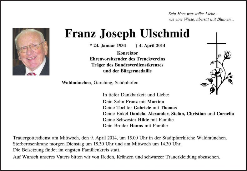 Traueranzeige Franz Joseph Ulschmid
