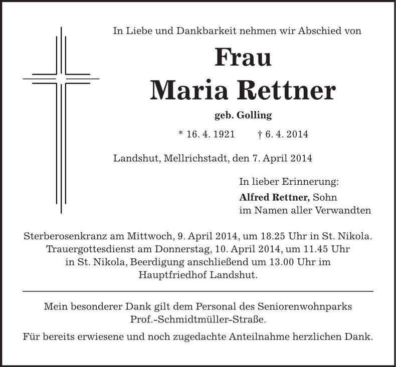 Traueranzeige Maria Rettner