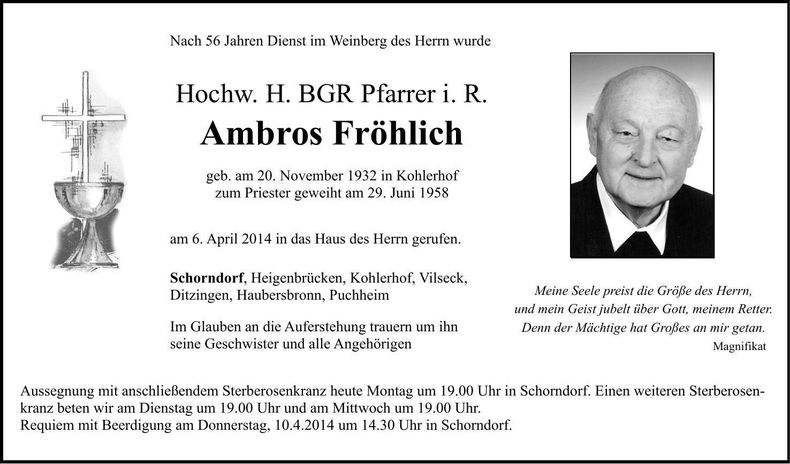 Traueranzeige Ambros Fröhlich