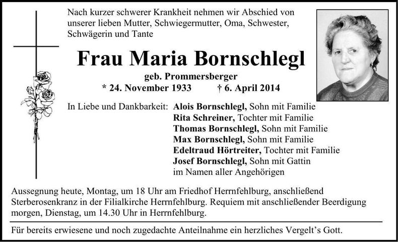 Traueranzeige Maria Bornschlegl