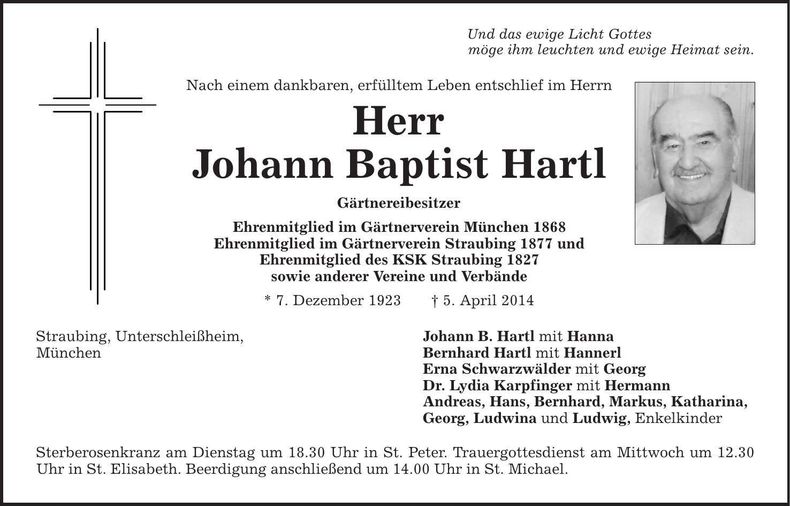 Traueranzeige Johann Baptist Hartl
